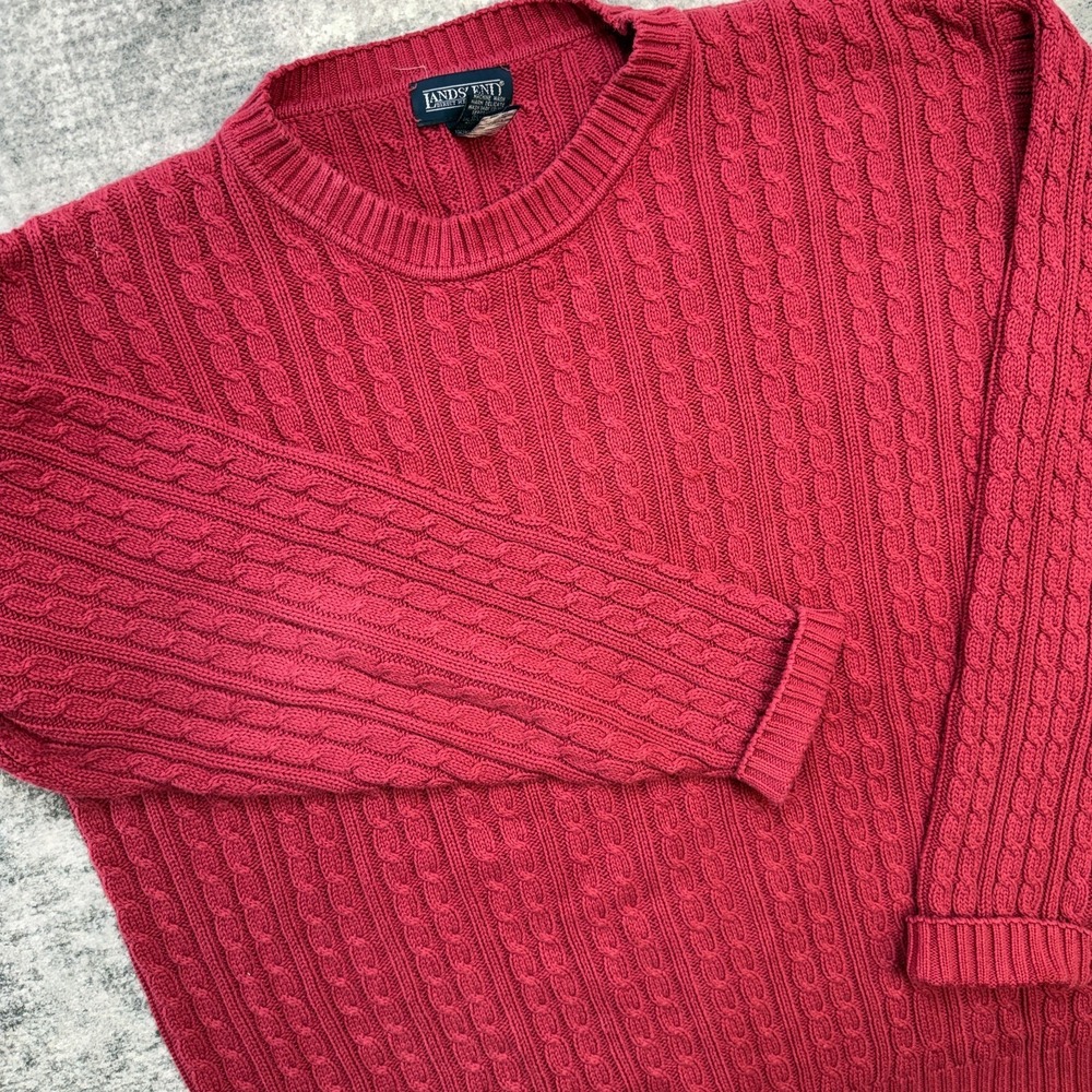 VTG Lands End Sweater Mens Large Tall Berry Red Cable Knit Cotton Fisherman 90s